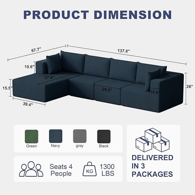 138" Boneless Couches for Living Room, Modular Cloud Couch Sofa - 4 Pieces L Shap Corduroy Sectional Sofa, Fluffy Memory Foam Sleeper Sofa Furniture, No Assembly, Wide Armrest, Navy Blue