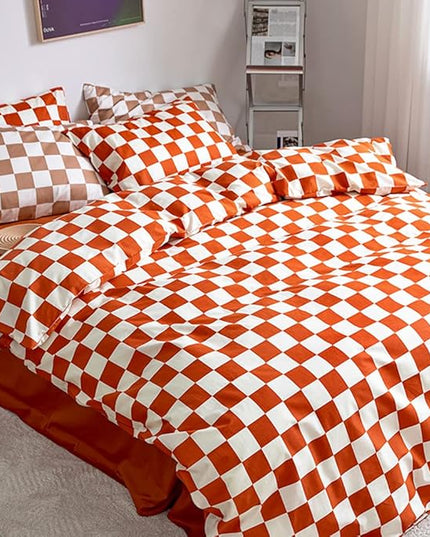 CLOTHKNOW Rust Beige Plaid Queen Comforter Set 3Pcs Grid Bedding Comforter Sets Soft Checker Queen Comforter Burnt Orange Queen Size Comforter Sets
