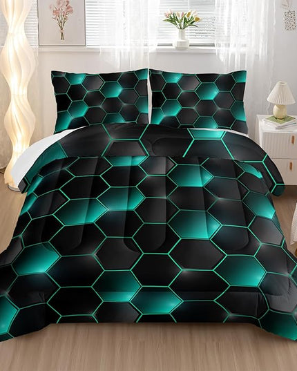 Geometric Black Green Neon Comforter Set,Light Honeycomb 3 Piece Bedding Set King for Teen Boys,Modern Bedding Quilt Set Geometry Decor,Microfiber Lightweight 1 Comforter 2 Pillowcases All Season