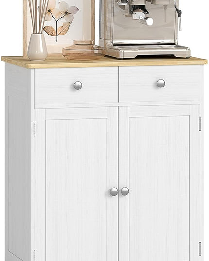 HOMCOM Sideboard with Solid Wood Countertop, Modern Kitchen Storage Cabinet, Coffee Bar Cabinet with 2 Drawers, Doors and Adjustable Shelf, Distressed White