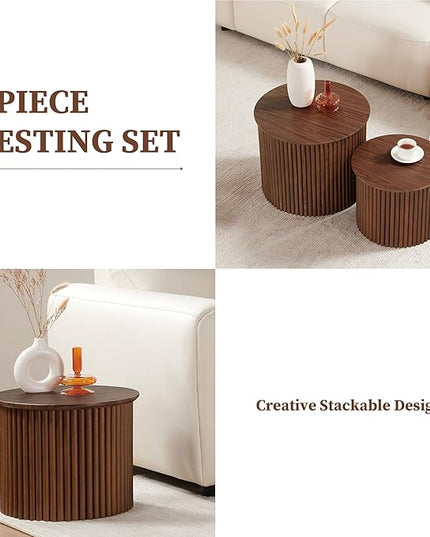 Small Fluted Round Nesting Coffee Table Set of 2, Mid Century Modern Coffee Table Circle Side Table, Wood Nesting Table Farmhouse End Tables Set for Living Room, Bedroom, Small Spaces(Walnut
