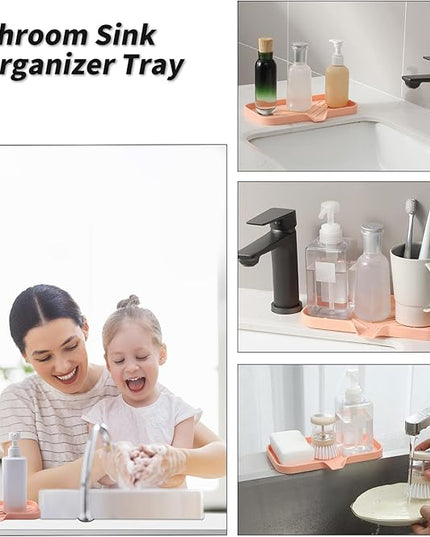 Silicone Bathroom Soap Dishes with Drain Spout-Bathroom and Kitchen Sink Organizer,Sponge Holder,Dish Soap Tray,Perfect for Dispenser,Scrubber,Bottle,Cup on Sink or Counter-Pink 9.6"×5.3"