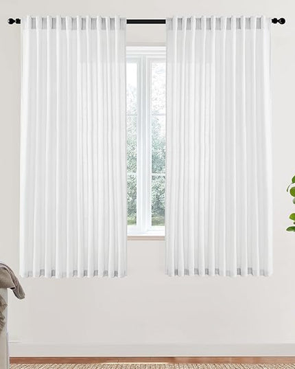 XTMYI White Back Tab/Hook Belt Linen Cotton Sheer Curtains for Bedroom White 63 Inches Long,2 Panels