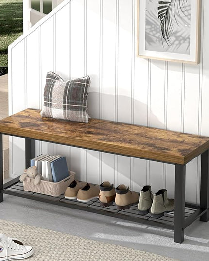 EXCEFUR Entryway Bench, Modern Wood and Metal Storage Bench for Hallway Front Door Entrance, Industrial Indoor Shoe Rack Bench Seat for Living Room Bedroom, 43.3 Inch Rustic Brown