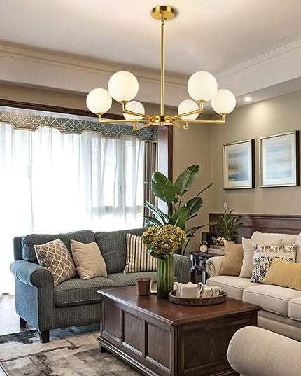 6-Lights Globe Mid Century Chandelier Modern Sputnik Pendant Light Fixture with G9 Bulb Brushed Brass Finished with White Globe Glass Lampshade Dining Kitchen Island Bedroom Lighting (Gold)