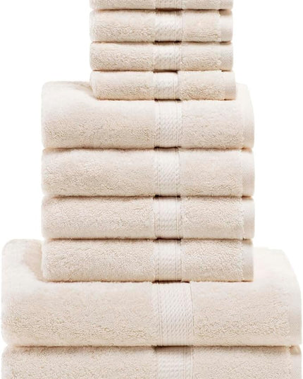 Superior Egyptian Cotton Pile 10 Piece Towel Set, Includes 2 Bath, 4 Hand, 4 Face Towels/Washcloths, Ultra Soft Luxury Towels, Thick Plush Essentials, Guest Bath, Spa, Hotel Bathroom, Cream