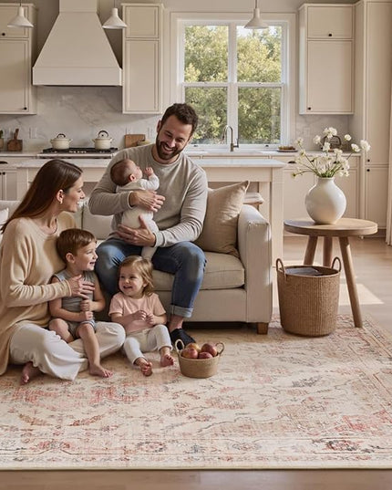 PADOOR-Vintage Area Rug 5X7 Rugs for Living Room-Soft Pink Rugs for Bedroom-Machine Washable Rugs Non Slip Carpet-Rug for Dining Room Living Room Bedside Office