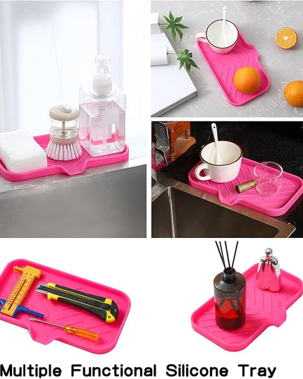 Silicone Bathroom Soap Dishes with Drain Spout-Bathroom and Kitchen Sink Organizer,Sponge Holder,Dish Soap Tray,Perfect for Dispenser,Scrubber,Bottle,Cup on Sink or Counter-Rose 9.6"×5.3"