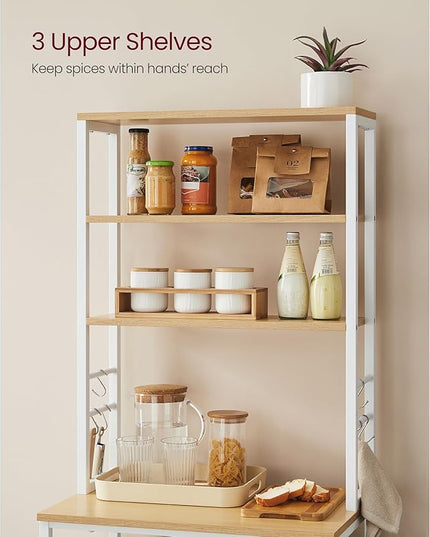 VASAGLE Coffee Bar, 23.6 Inches Baker's Rack for Kitchen with Storage, 6-Tier Kitchen Shelves with 6 Hooks, Microwave Stand, Modern, Golden Oak and Cloud White UKKS024W09