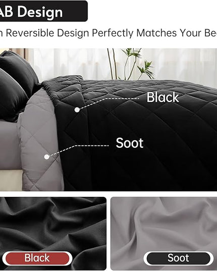 MUXHOMO 7 Pieces Queen Comforter Set, Reversible Bed in a Bag Queen Size, All Season Bedding Set with Comforter, Flat Sheet, Fitted Sheet, Pillowcases & Shams, Black & Soot