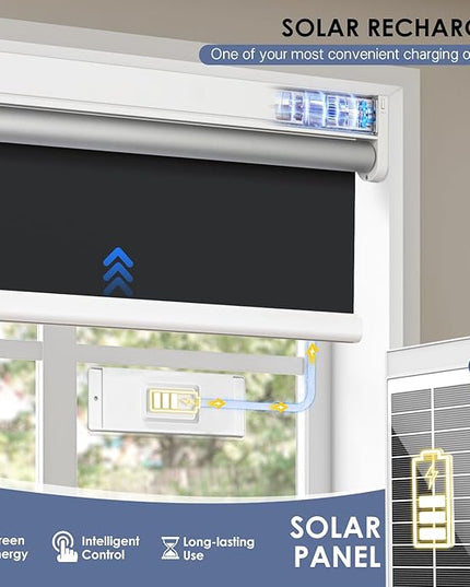 Motorized Roller Blinds with Remote Control & Solar Panel - 100% Blackout Smart Blinds, Automatic, Cordless, Electric Shades - Compatible with Alexa - Black, 34" W x 72" H