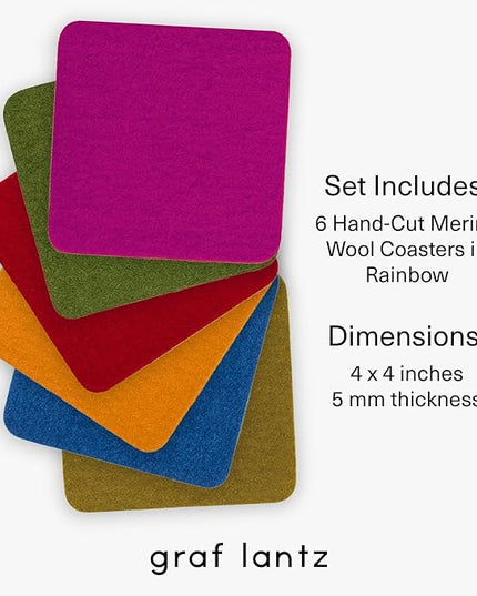 Graf Lantz - Bierfilzl Merino Wool Square Coasters Set of 6 - Rainbow (4"x4"x5mm) - Absorbs 30% of Weight, Natural German Wool - Heat Resistant, Sustainable, Reusable - Home Decor & Coffee Table Decor