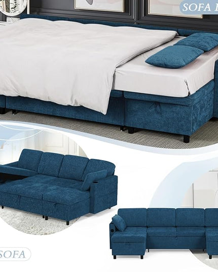 110" Sectional Pull Out Sofa Bed with Adjustable Backrests, U-Shaped Sleeper Sofa with USB Ports, Upholstered Reversible Couch with Cup Holder & Storage Space for Living Room, House, Blue