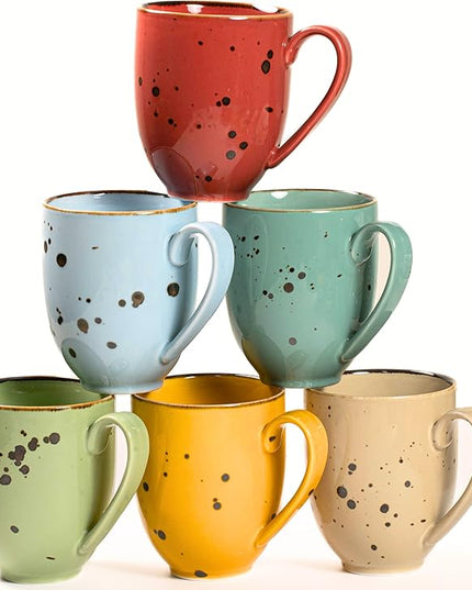 Coffee Mugs Set Of 6, 14 Oz Large Handle Heavy Duty Cups - Microwave Dishwasher Safe - Latte, Cappuccino, Tea, Cocoa, Mocha - Men, Women, Home Office Daily Use, Vivid Assorted Colors