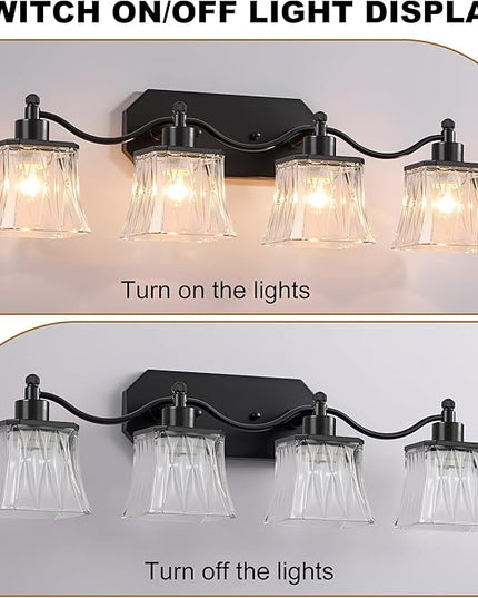 Bathroom Vanity Light Fixtures, 4-Light Vintage Matte Black Vanity Lights with Crystal Glass Shades, Farmhouse Bathroom Lighting Fixtures Over Mirror for Bathroom Bedroom Hallway
