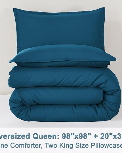 Litanika Comforters Teal Oversized Queen Size, 3 Pieces Lightweight Solid Bedding Set & Collections, All Season Fluffy Bed Set (98x98In Comforter & 2 Pillowcases)