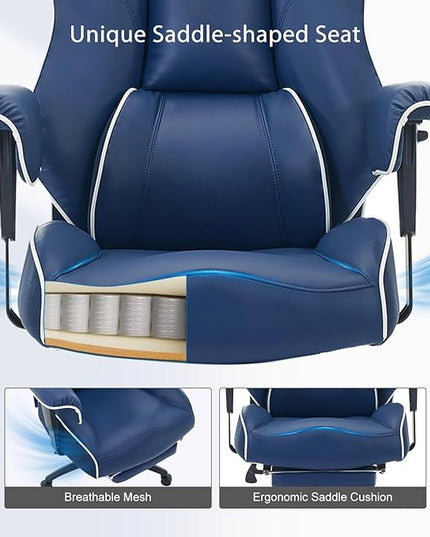DJ·Wang Big and Tall Office Chair with Foot Rest, High Back Executive Office Chair PU Leather, Ergonomic Chairs with Lumbar Support, 135° Reclining Chairs with Thickened Spring Cushion Blue