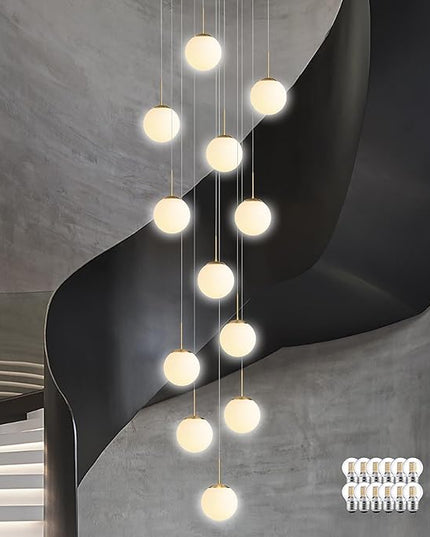 KoKo&Yukina 12-Light Gold Mid Century Modern Chandelier for Living Room Staircase Chandelier for Entryway Globe Milky White Glass Pendant Light High Ceiling Chandeliers Foyer (Bulb & Remote Incl.)