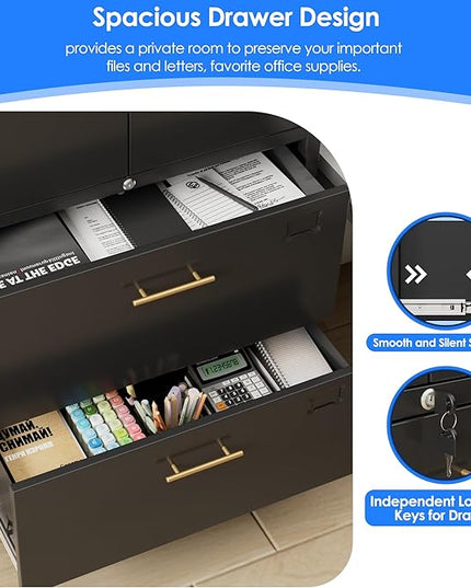 METAN Metal File Cabinet with 2 Drawers and 2 Shelves,Office Filing Cabinet on Wheels with Lock,Office Storage for Letter/Legal Size,Assembly Required,Black