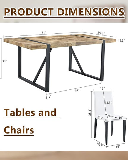 Dining Table Set for 6，Dinner Table Set for 6，71'' Kitchen Table and PU Leather Chairs Set of 6，6 Chair Dining Table Set for Kitchen Dining Room