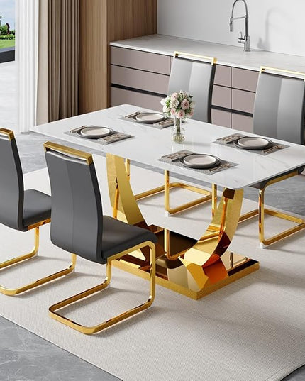 63” Dining Room Table Set for 4,Modern Gold Dining Table Set for 4, Rectangle Kitchen Table Set with Leather Chairs, White Faux Marble Dinner Table Set with Tempered Glass Top and Golden Base
