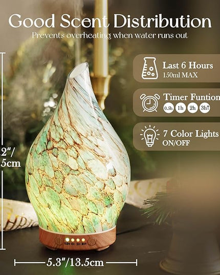 Porseme 150ml Glass Essential Oil Diffuser Aromatherapy Ultrasonic Cool Mist Humidifier 6 Running Hours Waterless Auto-Off Air Diffusers for Sleeping,Yoga,Office Working Spa and Rest (Light Blue)