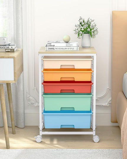 Craft cart,Rolling Cart with Drawers,Storage Cart with 5 Drawers and Wooden Tabletop for Under Desk Organizers and Storage,Macaron