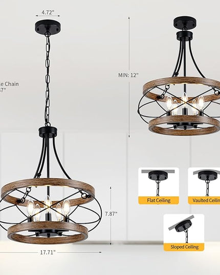 5-Light Farmhouse Chandelier, 17.72" Rustic Drum Dining Room Light Fixture, Vintage Wood Finish Metal Hanging Pendant Lighting, Industrial Candle Chandeliers for Living Room Kitchen Entryway Bedroom