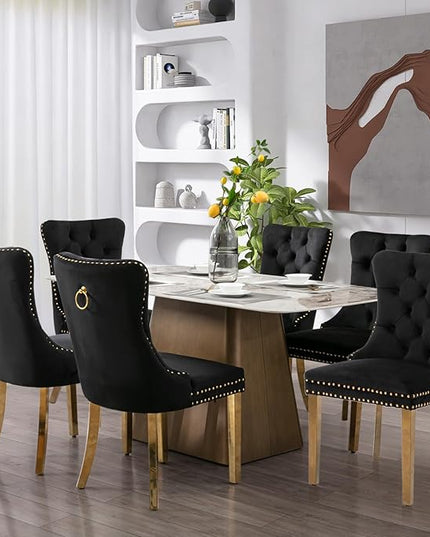 SoarFlash Velvet Dining Chair Set of 6, Upholstered Tufted Dining Room Chair with Nailhead Trim and Solid Gold Plated Leg for Kitchen (Black)