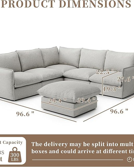 Waterproof Cloud Sectional Couches for Living Room,High Backrest Down Filled Couch,6 Seater Oversized Modular U-Shaped Sofas with Ottoman,Detachable Sofa Covers,Light Grey