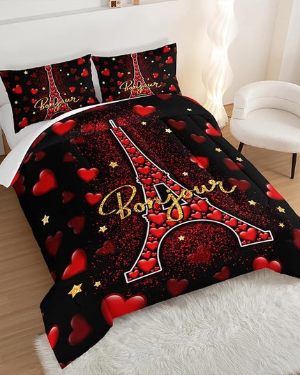 Eiffel Tower Twin Size Comforter Sets,Red Loving Heart Romantic Couple Bedding Set,Paris Bedding Comforter Sets for Women Room Eiffel Tower Decor with 2 Pillowcases.