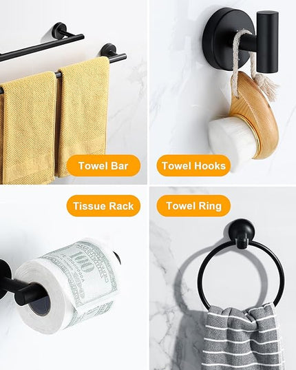 12 PCS Matte Black Round Towel Bar Set, Bathroom Towel Bar Set Include 24 inch,16 inch Towel Bar, Toilet Paper Holder, Towel Ring, Towel Hooks, Stainless Steel Bathroom Accessories Set