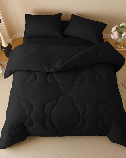 Luxlovery Black Comforter Set Cal King Sunflower Quilted All Black Bedding Comforter Set California Boho Chic Solid Plain Color Soft Breathable Blanket Quilts Women Men Farmhouse Bedding