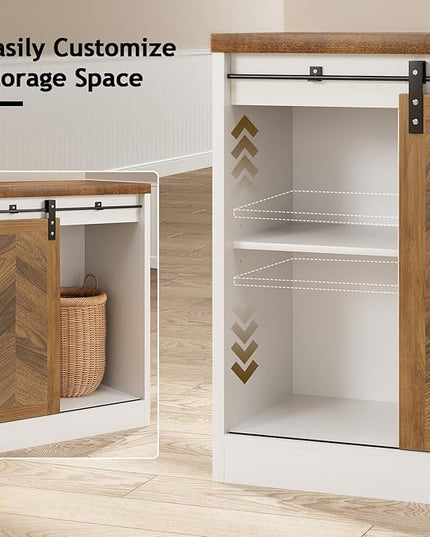 Catrimown Farmhouse Small Coffee Bar Cabinet with Storage, White Coffee Bar Table with Sliding Barn Door, Adjustable Shelves, Bar Cabinet for Kitchen, Dining Living Room, 1 Pack