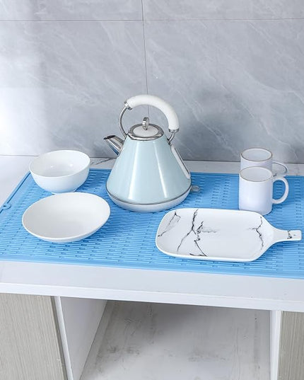 Silicone Dish Drying Mat for Multiple Usage,Easy clean,Eco-friendly,Heat-resistant Silicone Mat for Kitchen Counter or Sink,Refrigerator or Drawer Liner Light Blue 3XL 28 inches x 18 inches