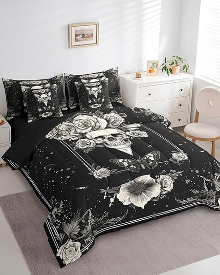 Feelyou Death Moth Kids Comforter Set 7 Pieces, Gothic Skull Skeleton Bedding King with 1 Comforter,1 Fitted Sheet,1 Flat Sheet,2 Pillowcases,2 Throw Pillow Cover,Boho Flower Bed Set for Boys Girl