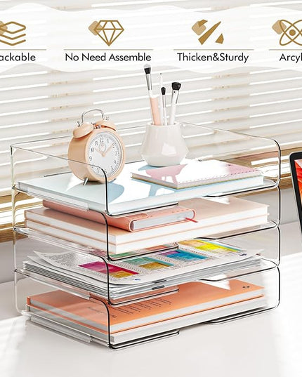 YKLSLH 4 Trays Paper Organizer Letter Tray - Acrylic Desk File Organizer, Stackable Clear Paper Holder Sorter Office Organizer for Letter/A4, Office File Ipad Books Notes Etc