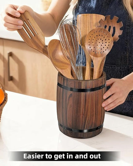Tomato Garden Wooden Utensil Holder, Brown, Barrel Shape, Holds Spoons and Scoops, Wine Barrel Design, Painted, Smooth Surface, Sturdy Construction