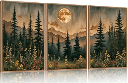 HOURIA Vintage Boho Nature Moonlight Forest Mountain Framed Canvas Wall Art Set,Wilderness Dark Moon Woodland Floral Decor,Retro Wildflower Field Landscape Artwork for Living Room,Farmhouse-24 x36 x3