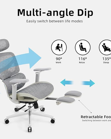 Ergonomic Home Office Desk Chair with Massage Lumbar Support，4D Headrest & 5D Armrests, Reclining Big and Tall 400LBS Mesh Chair with Footrest，Adjustable Back High and Seat Depth(Gray)