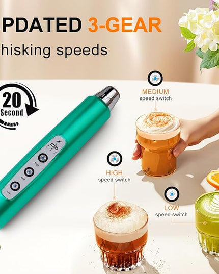YUSWKO Turquoise Handheld Milk Frother Wand for Coffee, Rechargeable Electric Whisk with 3 Heads 3 Speeds Drink Mixer Coffee Frother For Latte, Cappuccino, Hot Chocolate, Egg