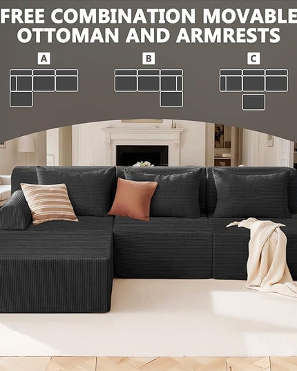 93" Sectional Couches for Living Room, Modular Sectional Sofa, Cloud Couch with L-Shape Chaise, Boneless Couches, Comfy Corduroy Fluffy Couch with Deep Seat, No Assembly Required, Black