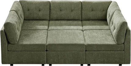 VANOMi 5 Seater Cloud Couches for Living Room with Ottoman, Convertible Modular Sectional Sofa Bed, Chenille Cloud Sofas & Couches for Apartment, Office, Green, Sofa Bed