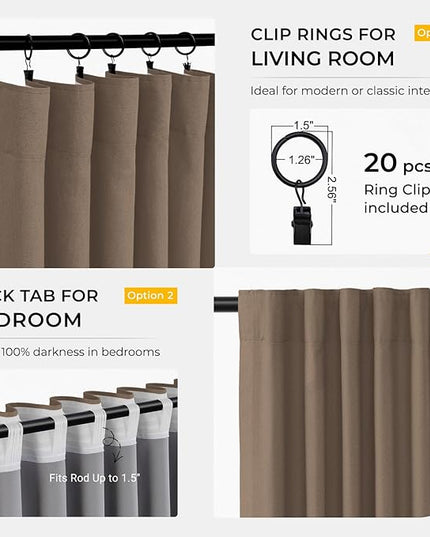 INOVADAY 100% Blackout Curtains for Bedroom, Black Out Curtains 96 Inch Long, Clip Rings Linen Blackout Drapes, Thermal Insulated Room Darkening for Living Room, 2 Panels - Linen Brown,W50xL96