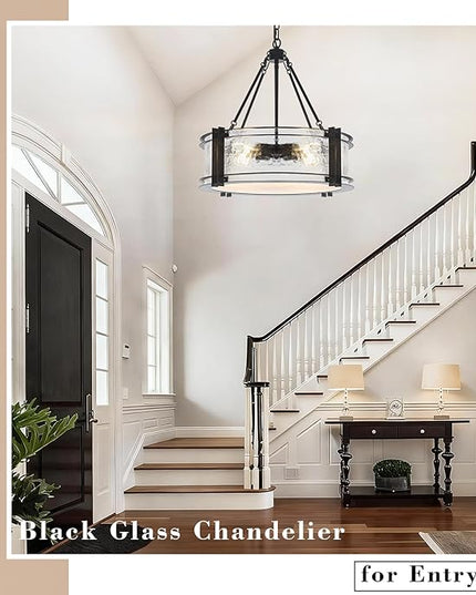 4-Light Black Texture Glass Drum Chandelier, 20.5" Modern Luxury Round Light Fixture for Dining Room Bedroom Foyer Living Room Entryway Kitchen