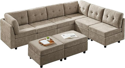 VANOMi 118 Inch Cloud Modular Sectional Sofa with 2 Ottomans, 8 Seat Cloud Sectional Sofa Bed, Chenille Sofas & Couches for Living Room, Apartment, Office, Camel
