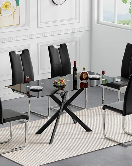 7 Piece Glass Dining Table Set, Glass Kitchen Dining Room Table Set for 6, Modern 51" Rectangular Black Glass Metal Dining Table with 6 Black Leather Dining Chairs for Kitchen Dining Room