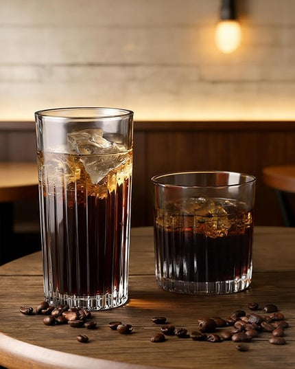 Laerjin Drinking Glasses Set of 8, 12 oz Highball Glasses & 10 oz Cocktail Glasses Set, Ribbed Glass Cups,Thick Glass Cups, Kitchen Water Glasses Cup, Bar Tumbler Glassware for Beer, Whiskey(Clear)