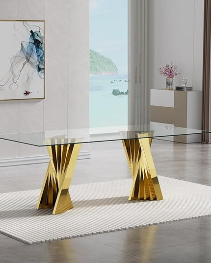 70" Glass Dining Table for 6, Modern Tempered Glass Kitchen Table, Rectangular Dining Room Table with Gold Stainless Steel Base Dinner Tables for Kitchen Home Office