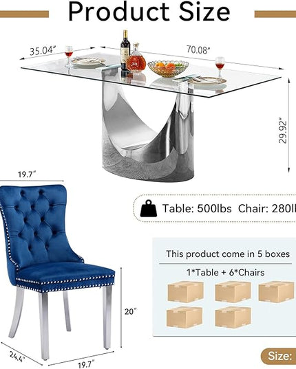 7 Piece Dining Table Set, Modern Glass Dining Table Set for 6 with Velvet Chairs, 70" Luxury Dining Table Chairs Set of 6, Kitchen Dining Room Sets for Dinner Dinette Breakfast Banquet, Blue+Silver